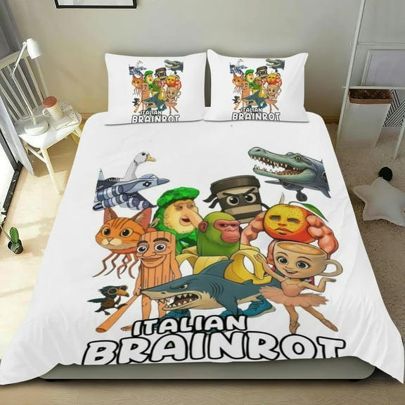 Bedding Set For Italian Brainrot Tung Tung Sahur Comforter Cover Set Cute Duvet Cover Sets Super Soft Teens Bedding Set Kids Bedroom Gifts,1 Duvet Cover with 2 Pillowcases Twin 3 Piece