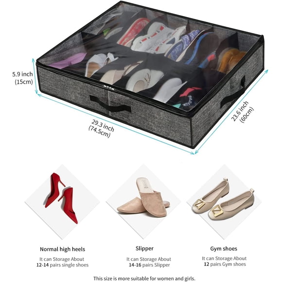 Under Bed Shoe Storage Organizer, Set of 1, Fits Total 12 Pairs, Underbed Shoes Closet Storage Solution with Clear Window, Breathable,Linen-like grey