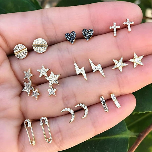 9 Pairs Mini Ear Studs Glitter Rhinestone Fashion Earrings Jewelry Gift for Women Girls