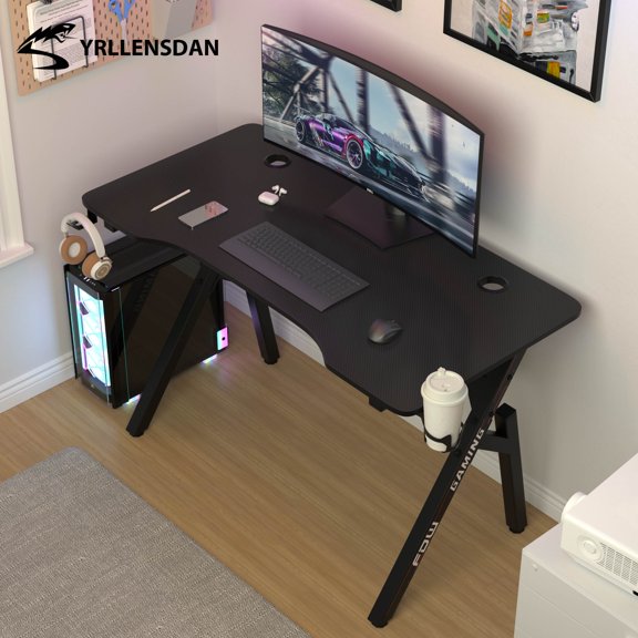 YRLLENSDAN Ergonomic Gaming Table with Cable Management and Hook, 47 Inch Large Gaming Computer Desk Table, PC Gamer Desk with R-Shaped Steel Leg, Work Table for Home Office, Black and Red