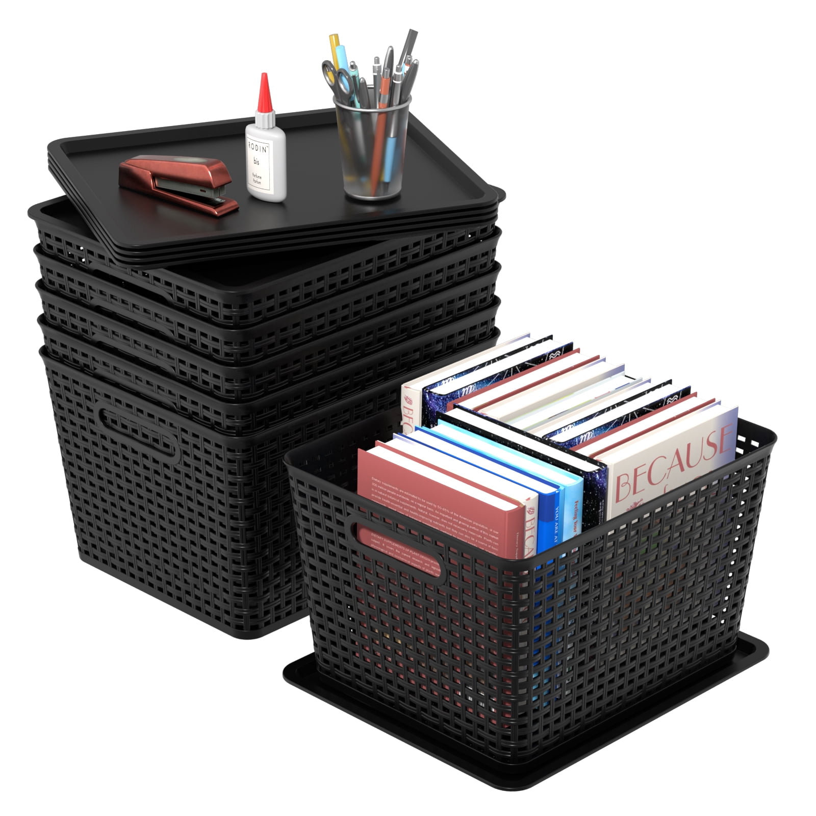 Anbers Plastic Weave Storage Basket with Lid, Black Organizer Baskets, 6-Pack