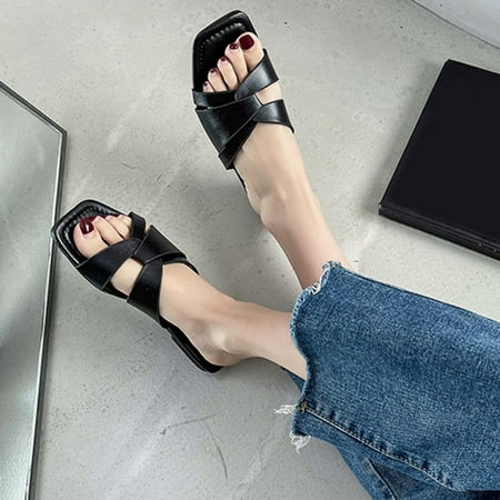 

Ecqkame Womens Flat Slide Sandals Clearance Women s Flat-heeled Square Head Sandals Wear One-line Slippers Breathable Shoes Black 36