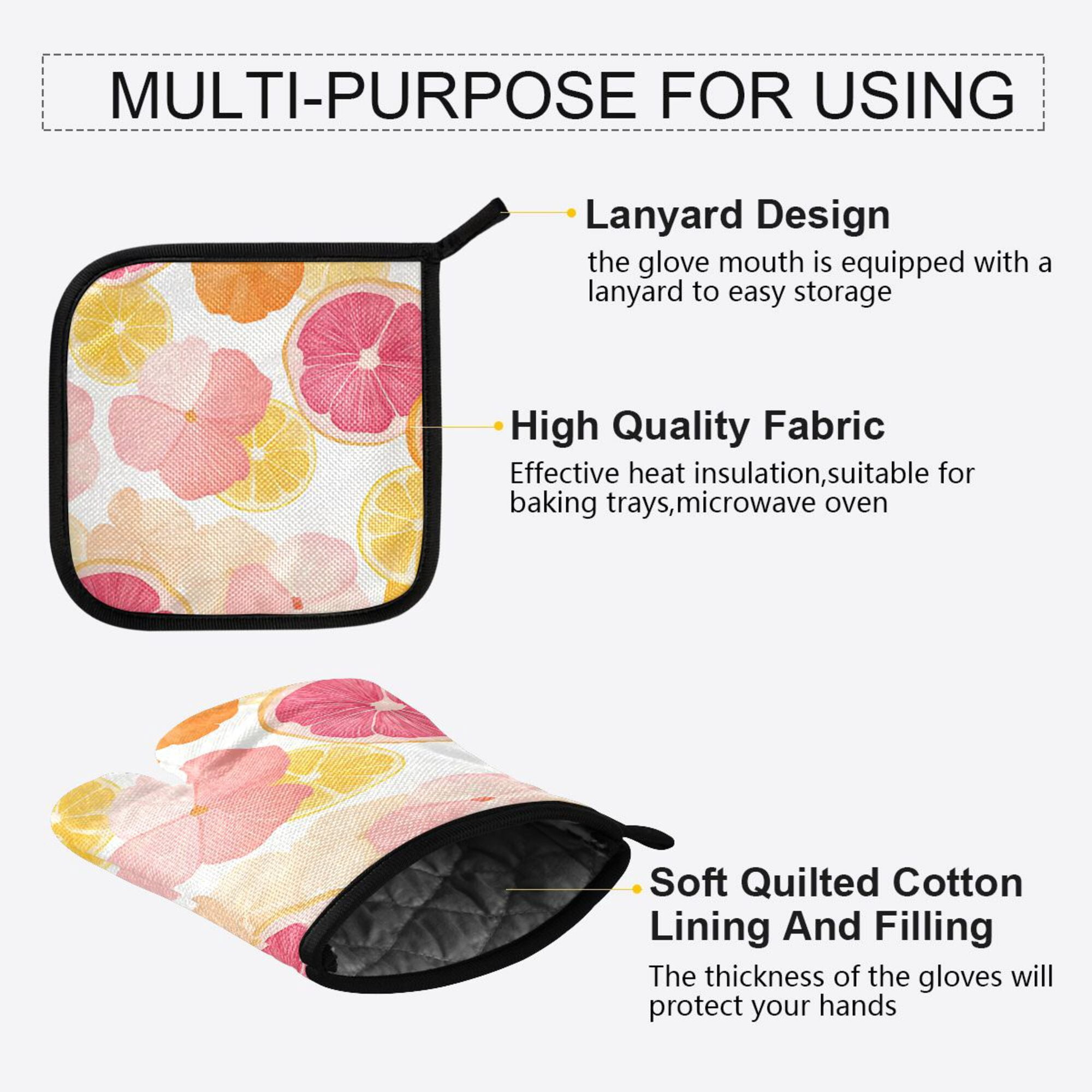 Yayeee Oven Mitts and Pot Holder Set of 2 Heat Resistant Kitchen Gloves Baking Hot Pad, Pink Floral Orange