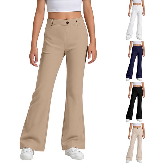 Glisme Girl'S Uniform Pant Back To School Straight Leg Solid Color Elastic Waist Flare Trousers 15-16 Years Khaki