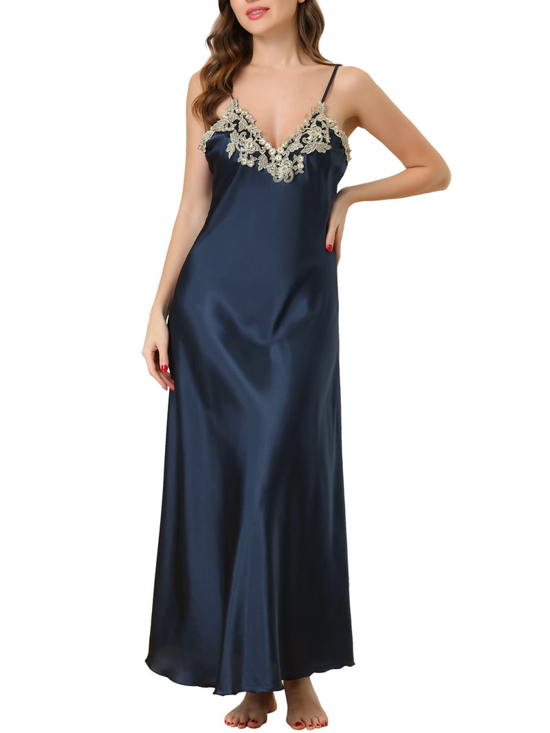 INSPIRE CHIC Women's Sleeveless Maxi Nightgown Lace Trim V-Neck Adjustable Spaghetti Strap Silky Sleep Dress for Spring Summer XS Navy Blue