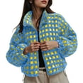 thumbnail image 2 of felwors Women Winter Sherpa Fleece Jacket Long Sleeve Zip Up Checkered Fuzzy Cropped Coats Warm Outwear with Pockets Blue, L, 2 of 5