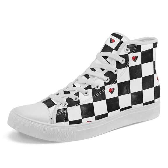 Coolcustomize Men's Black & White Checkerboard & Red Heart Print High-Top Sneakers - Plus Size Casual Streetwear Shoes with Lace-Up Closure, Rubber Sole Casual Canvas Shoes for Dail Wear, Outdoor