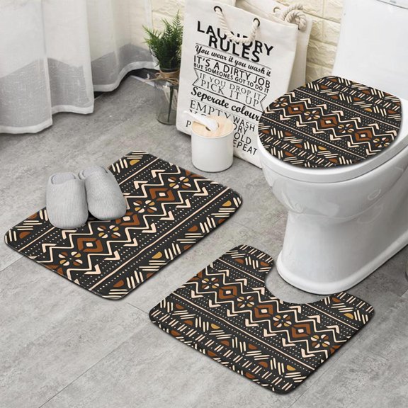 Boho Brown and Beige Ethnic Pattern Bathroom Rugs Sets 3 Piece,Toilet Cover Set,Absorbent Non Slip Bathroom Mats Sets with U-Shaped Contour Rug Toilet Rug Set