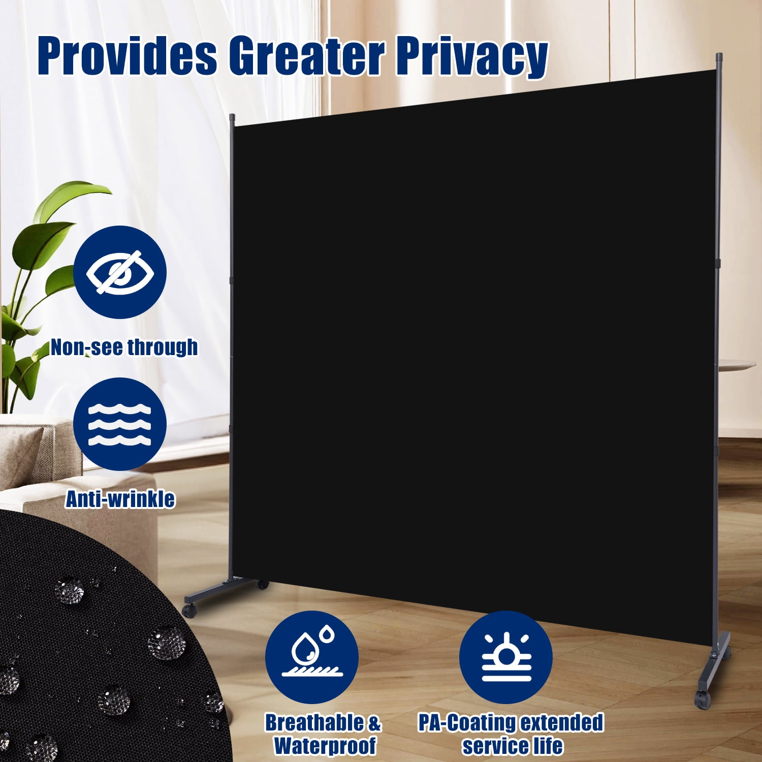 Room Divider Single Fabric Panel Privacy Screen W/Wheel, 71''X 72''Wide Portable Wall Divider for Room Separation, Upgrade Room Divider Screen 6 FT Partation Room Dividers for Home, Office, School