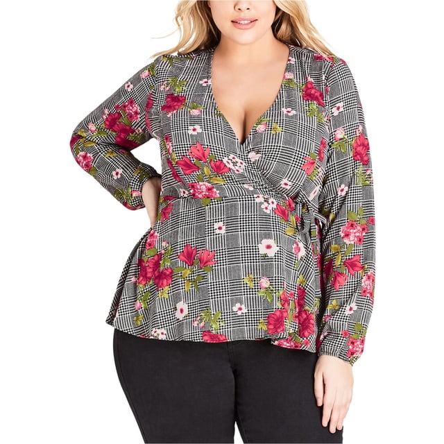 Blusa cruzada floral para mujer de City Chic, negra, S / 16W