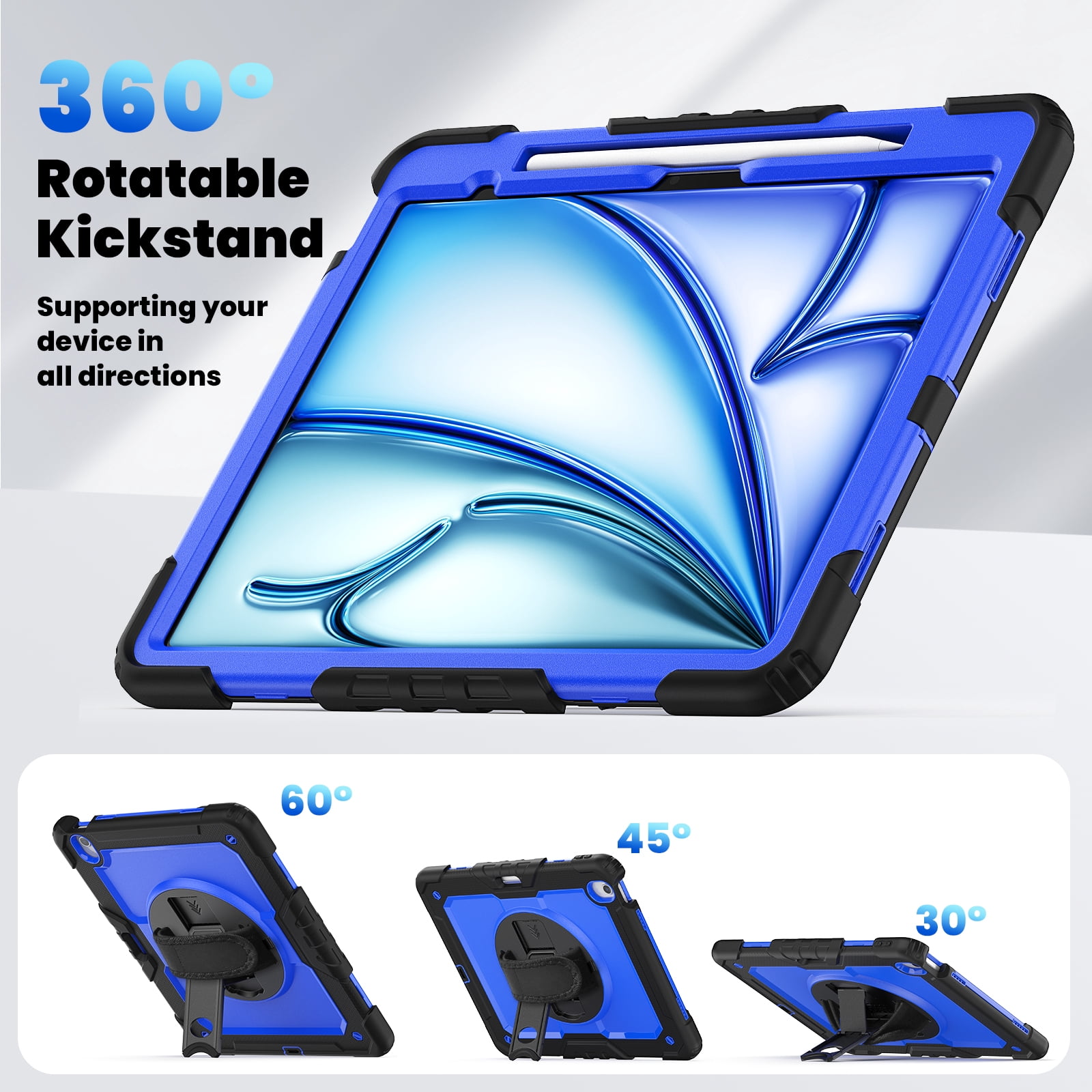 Allytechgroup iPad Air 13 2024 Case with Screen Protector / Shoulder Strap/ Pencil Holder, Heavy Duty Shockproof Rugged Handle Kickstand Bumper Case Cover for Apple iPad Air 13 Inch 2024 M2,Blue+Black