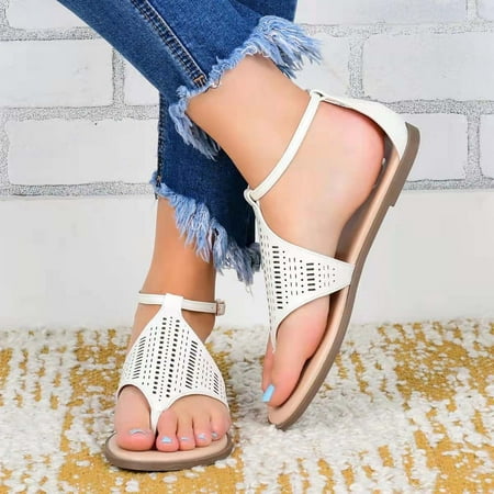 

pafei tyugd Women s Cutout Leather Sandals Casual Wear Cute Gladiator Flat Sandals Beach Dressy T-Strap Thong Sandals Size 9.5