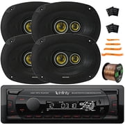 Infinity Alpha 100 Single DIN Bluetooth USB/AUX SD FM Radio MP3 Player Digital Media Car Audio Receiver, 4x 6x9" 450W Max Coaxial Black Speakers, Speaker Wire + Sound Deadener Material & Pry Tool Set