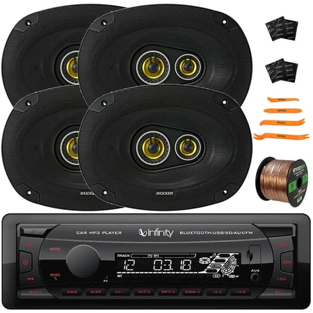 Infinity Alpha 100 Single DIN Bluetooth USB/AUX SD FM Radio MP3 Player Digital Media Car Audio Receiver, 4x 6x9" 450W Max Coaxial Black Speakers, Speaker Wire + Sound Deadener Material & Pry Tool Set