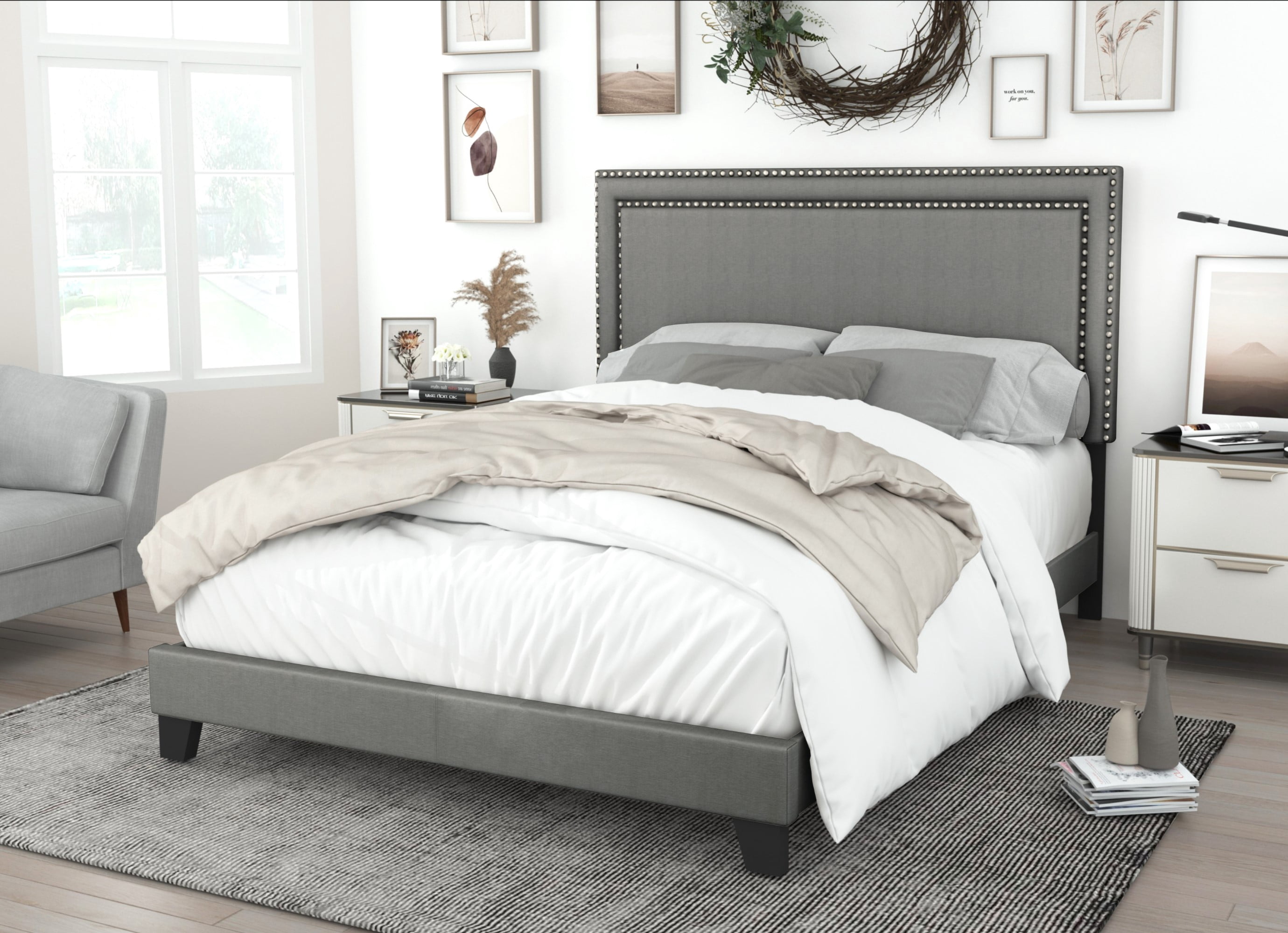Home Design Ocala Full Upholstered Panel Bed Frame with Padded Headboard and Sturdy Support, Gray, Easy Assembly