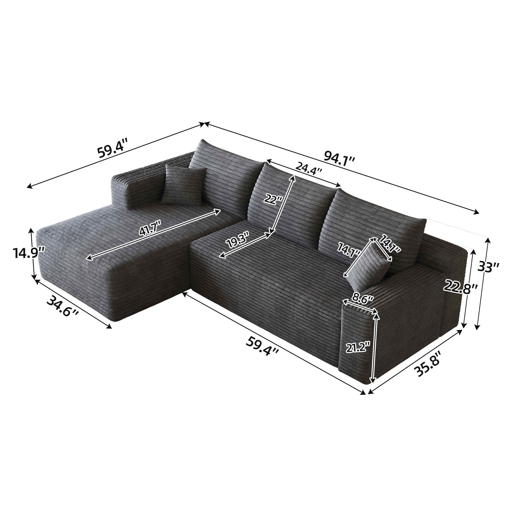 MAYEERTY 95" L-Shaped Cloud Sectional Sofa, Plush Corduroy Modern Minimalist Couch, Deep Seat Upholstered Corner Sofa with Cloud-Like Comfort, No Assembly Required for Living Room