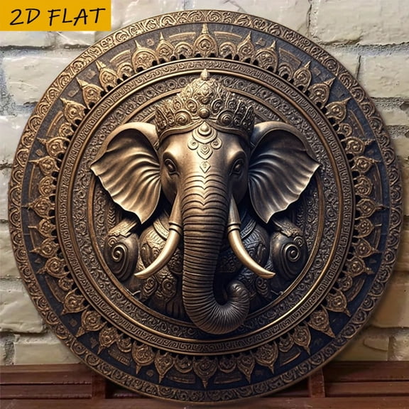 HELLOYOUNG Handmade Aluminum Elephant Wall Art Gold-Tone 8x8 Round Metal Artwork Hindu Symbol Decor for Home Bar Restaurant Gift