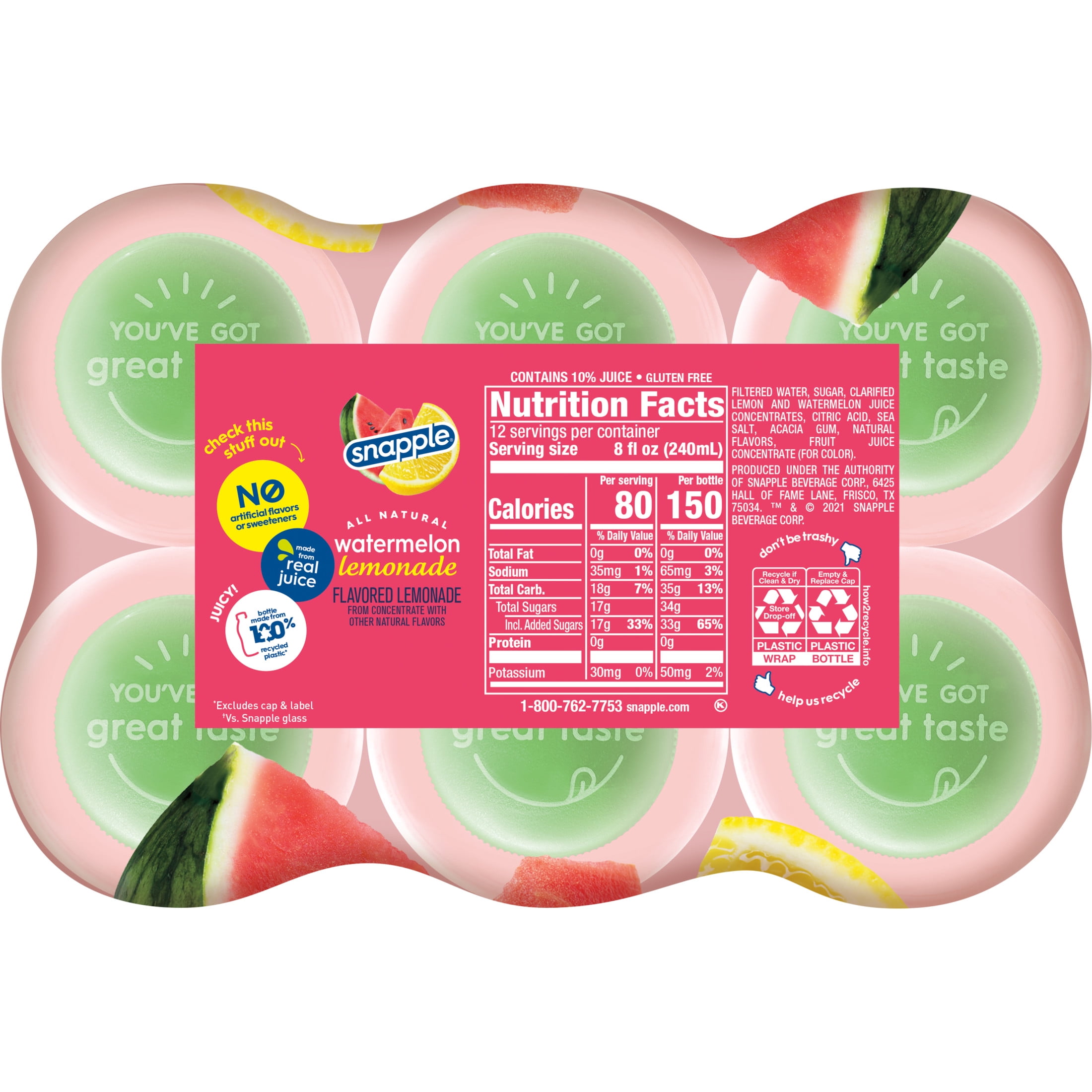 Snapple Watermelon Lemonade Juice Drink, 16 fl oz, 6 Count Bottles