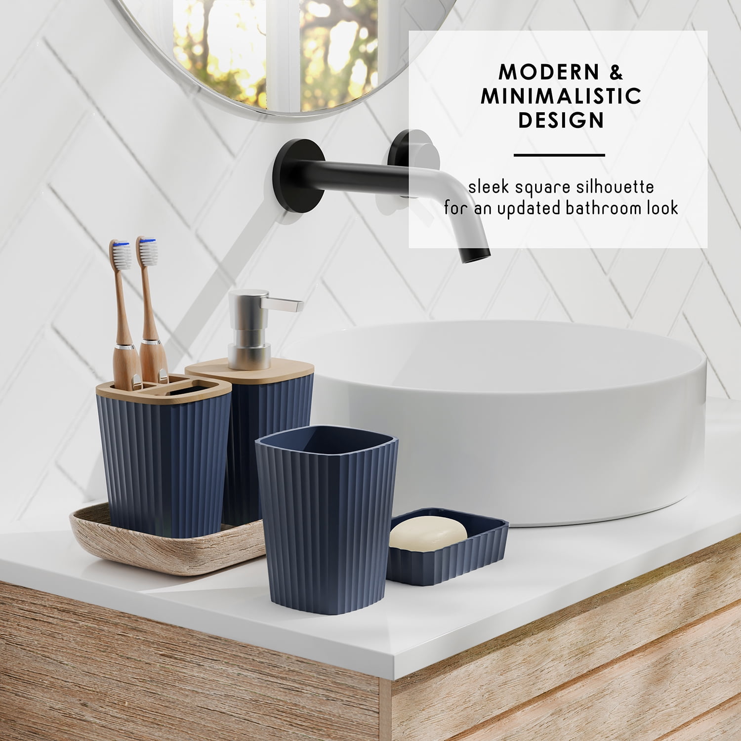 Hearth & Harbor 6 Piece Bamboo Bathroom Sets, Navy Blue Bathroom Accessories Set for Minimalistic Bathroom Décor