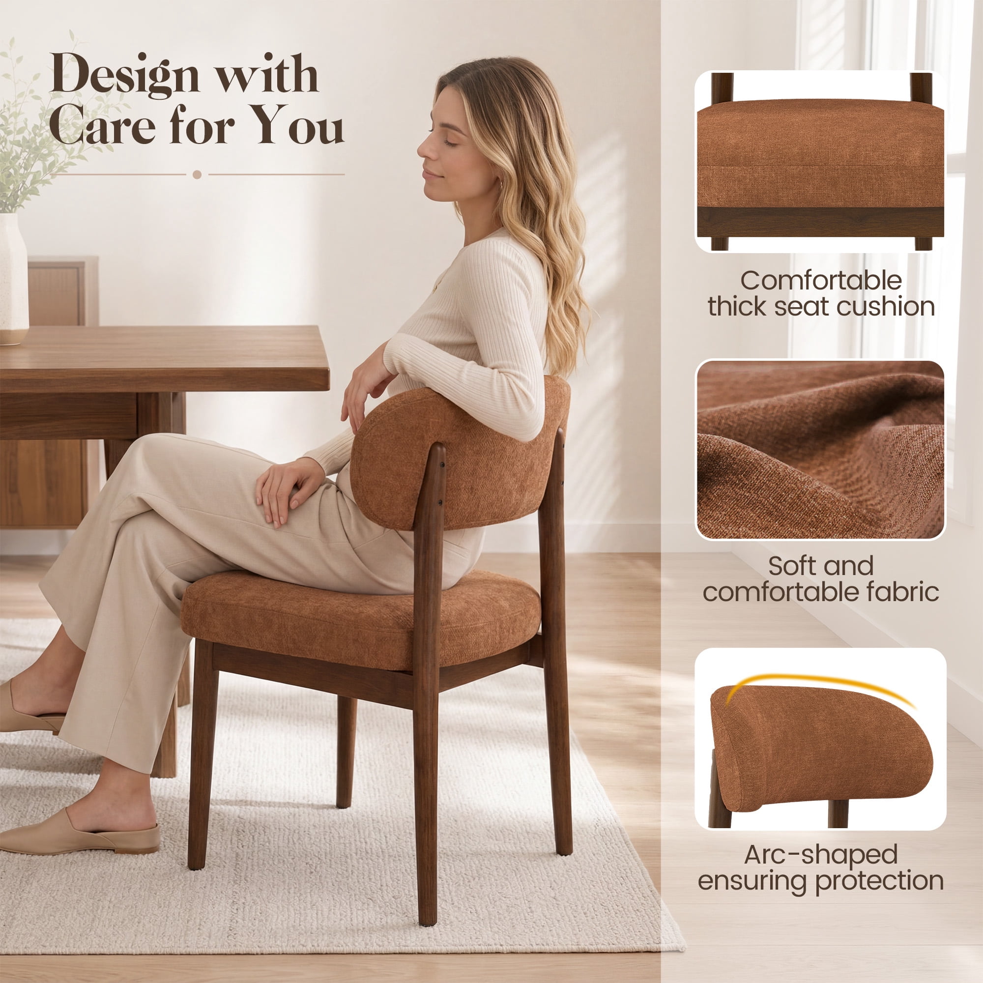 MOONMISS Dining Chair Set of 2,Upholstered Wooden Dining Chairs with Curved Back,Chenille Kitchen Side Chairs,Brown