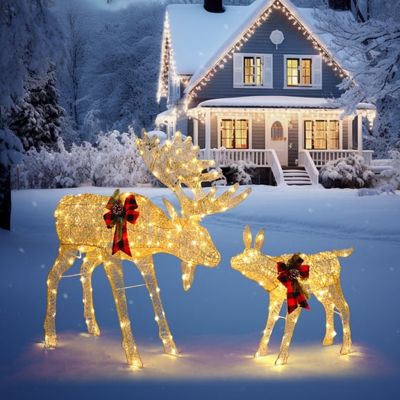 Seizeen Lighted Christmas Deer, Christmas Yard Decor Golden Elk Pull Cart with 180 Warm Lights, Outdoor Christmas Xmas Decoration 48’’H Deer and 23’’ H Sled