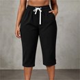 thumbnail image 4 of Ruimatai Women Capri Cropped Pants High Waist Drawstring Elastic Waistband Side Pockets Ribbed Textured Loose Casual Summer Trousers, 4 of 9