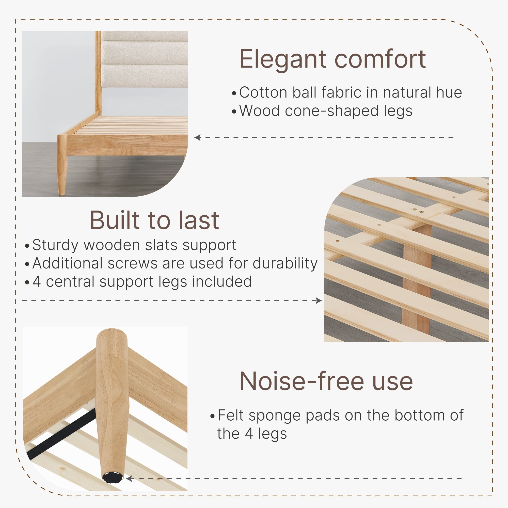 Spruce & Spring Upholstered Solid Wood Platform Bed Frame with Headboard Oatmeal, Full