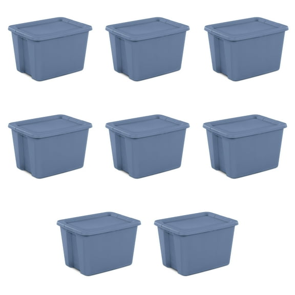 Sterilite Large Storage Bin, 18 Gallon Plastic Storage Tote with Snap-On Lid, Blue, 8 Pack