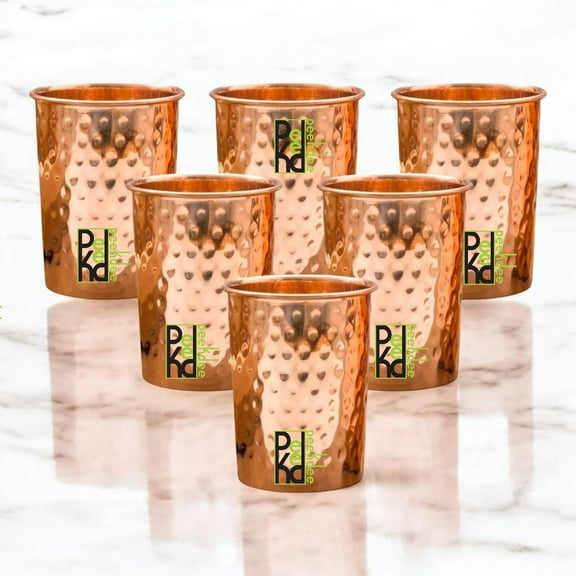 Peekdee Pure Copper Drinking Glass Set of 6 Handcrafted Hammered Designed Tumbler Yoga Benefits 300 ml Water Tumbler For Gifting