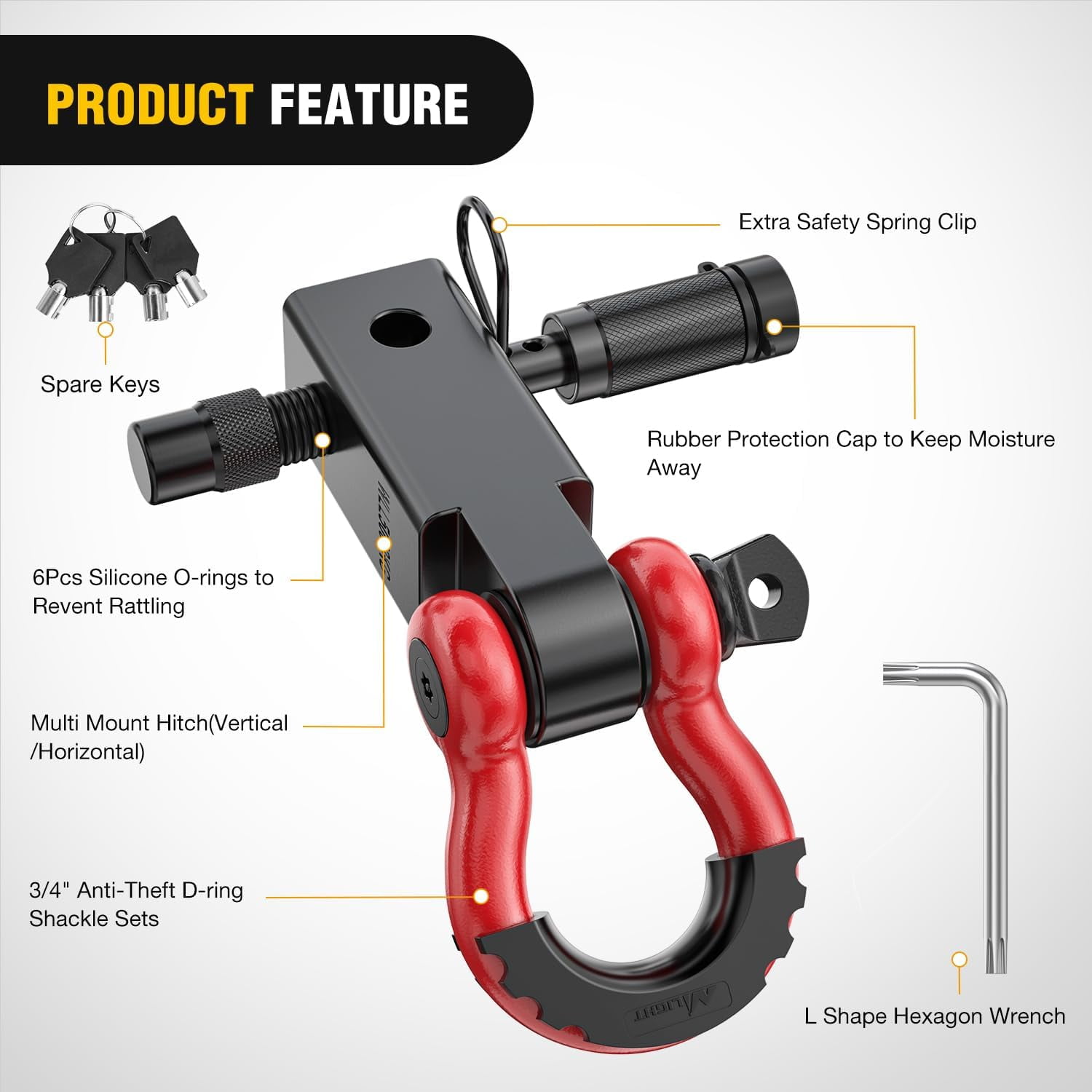 Nilight Anti Theft Shackle Hitch Receiver 2 Inch D Ring Recovery Hitch with 5/8" Hitch Lock Pin 3/4" Shackle 45000 LBs Breaking Strength Heavy Duty Towing Kit Red Black