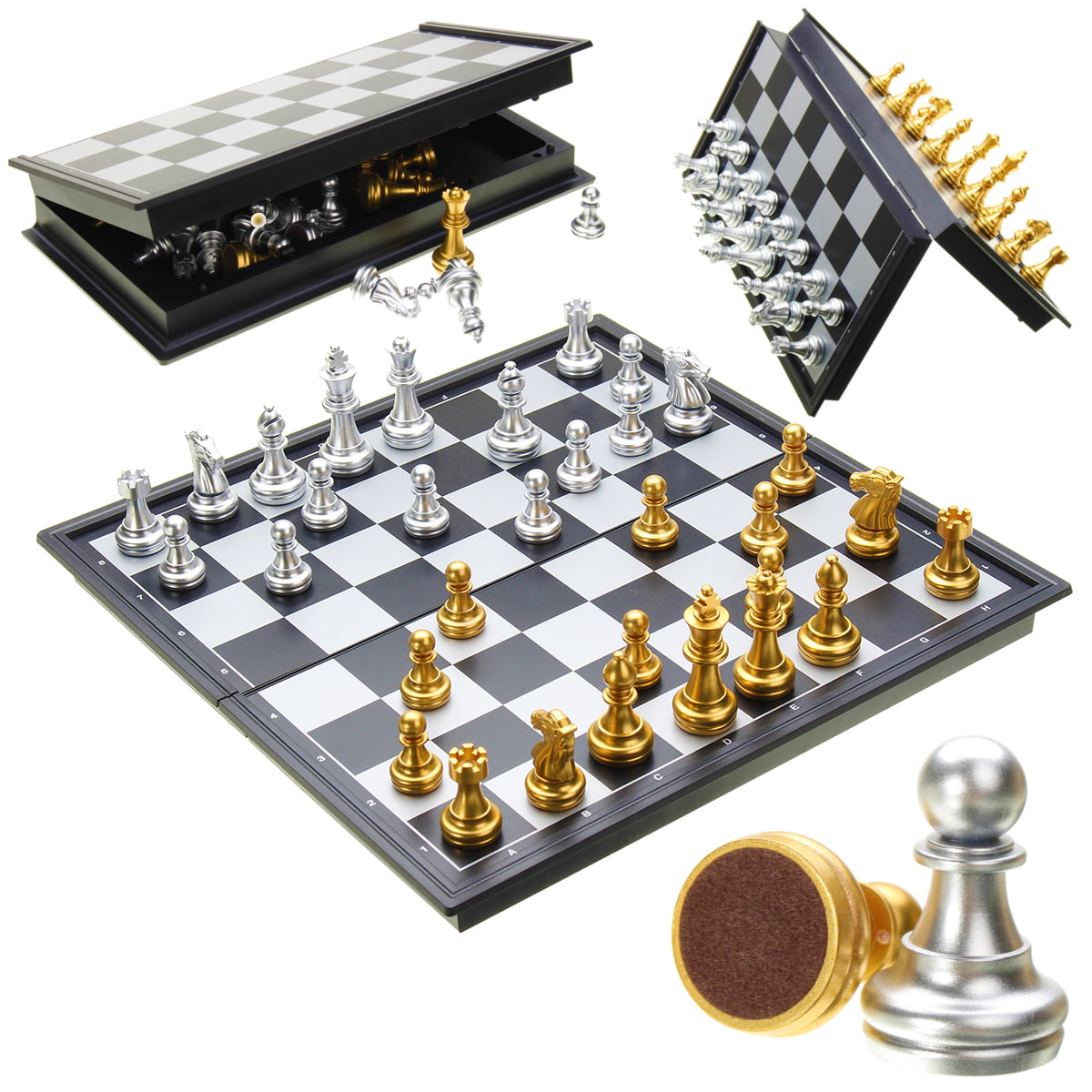 Fun Magnetic Travel Chess Board Case Set Portable Metallic Small Silver Gold New 
