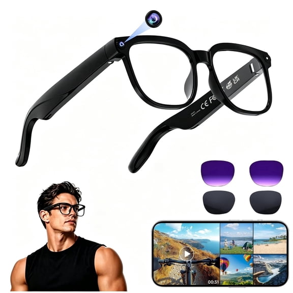 ouhos AI Smart Glasses with Camera, 4K HD Video & Photo Capture, Real-Time Translation, Recording Glasses with AI Assistant, Open-Ear Audio, Object Recognition, Bluetooth, for Travel, Sport(3 Lenses)