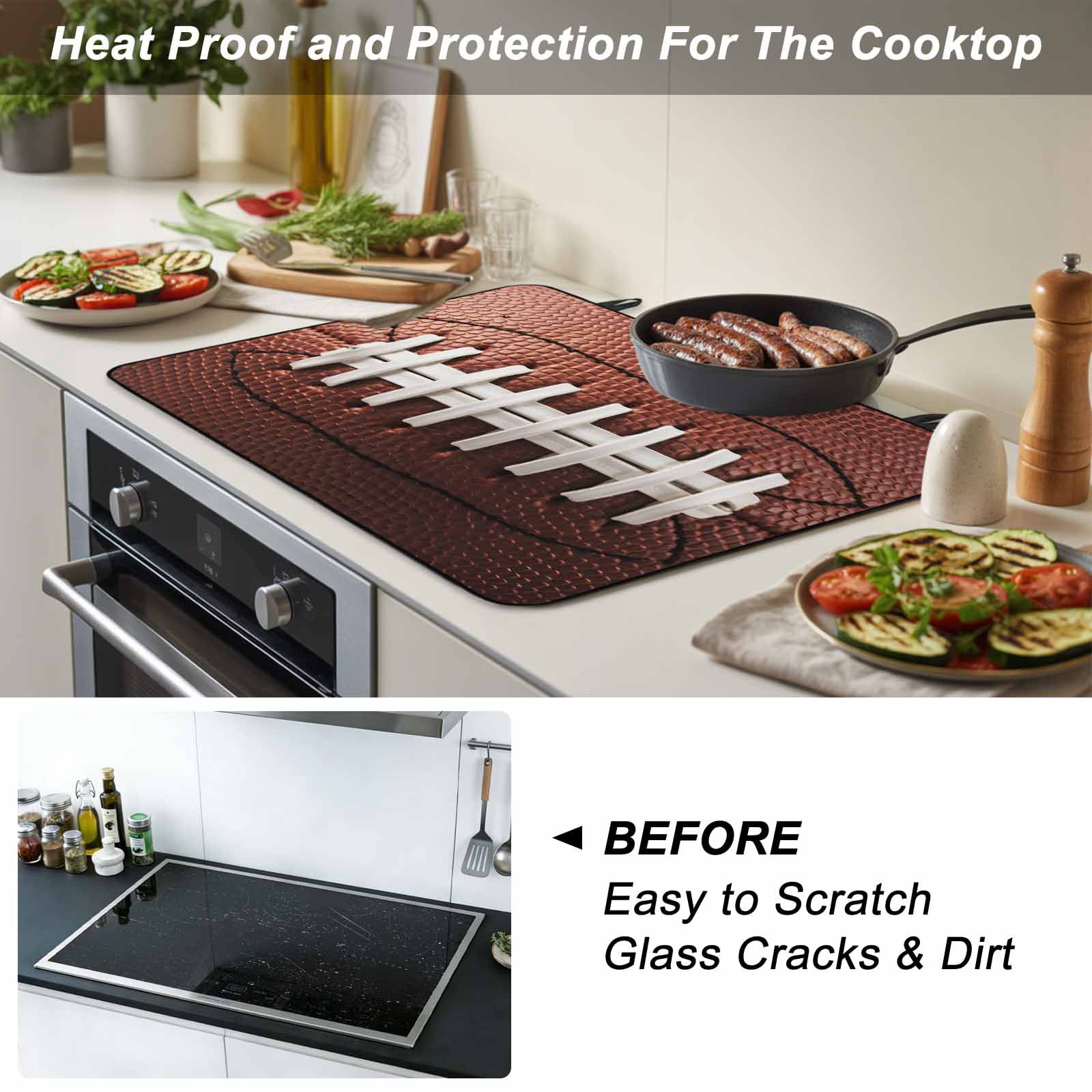 American Football Laces Stove Top Cover for Electric Stove, Heat-proof & Non Slip Glass Top Stove Cover Protector, Classic Rugby Sports Kitchen Flat Cooktop Rubber Mat 24x21 Inches