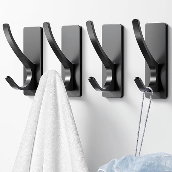 Annvchi 4pcs Self Adhesive Towel Hooks Extra Strong 13LB, Stainless Hook for Hanging Loofah, Towels, Coat, Bath Robe Bathroom Shower, Black