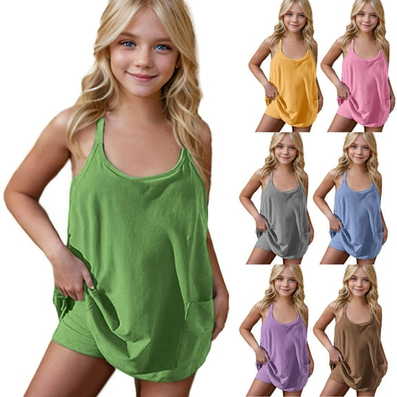 Agkizg Girls Sleeveless Tank Dresses Crewneck Solid Color Casual A Line Cottons Girl Sundress Dresses