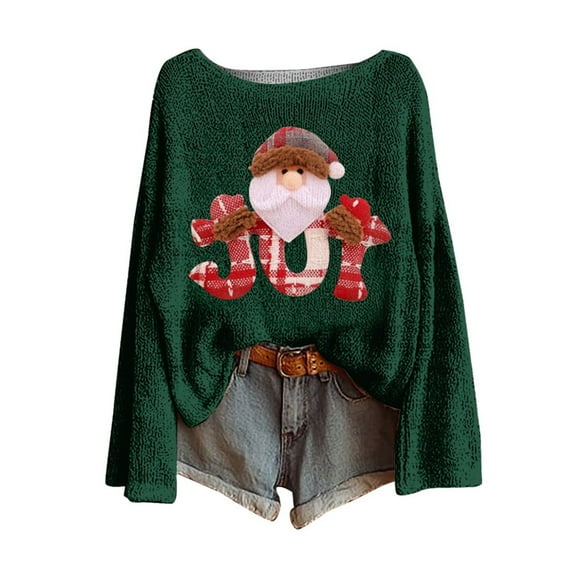 Fiaer Christmas Womens Sweater Funny Santa Printed Plus Size Knitted Pullover Crew Neck Long Sleeve Loose Fit Casual Xmas Tops Dark Green XL