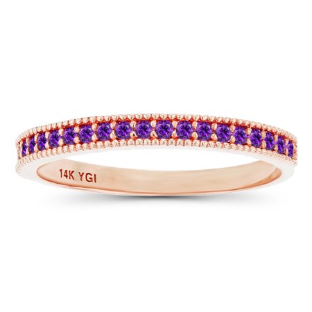 Decadence Solid 14K Rose Gold 1.25mm Round Natural Purple Amethyst February Birthstone Stackable Eternity Band Ring For Women, Size 7