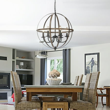 Kitchen Island Lighting Glass KingSo Industrial Metal Pendant Light 23.62'' 6-Light Chandelier Oil Rubbed Bronze Finish Imitation Wood Texture Vintage Ceiling Hanging Light for Indoor Kitchen Island Dining Room ()