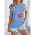 thumbnail image 4 of Women'S Cap Sleeve Floral Short Sleeve Sweater Crew Neck Casual Knit Pullover Tops Blue M, 4 of 10