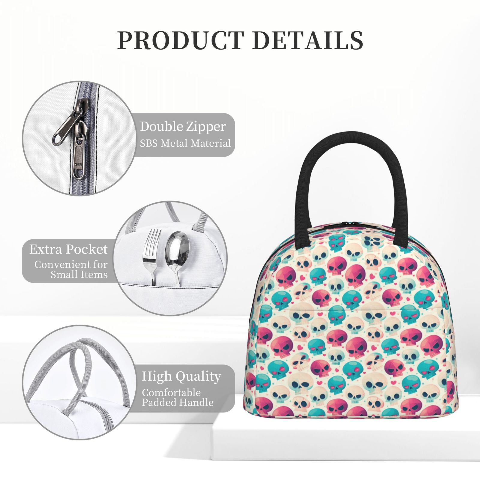 Rateoe heart Skull cute Pattern Lunch Bag Women, Lunch Box, Lunch Bag, Small Leakproof Lunch Tote Large Capacity Reusable Insulated Cooler Lunch Container