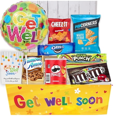 GET WELL GIFT basket, package for kids Unisex, child boy or girl Care package, Feel better soon for home or hospital after surgery w/Balloon, candy & snacks & greeting card