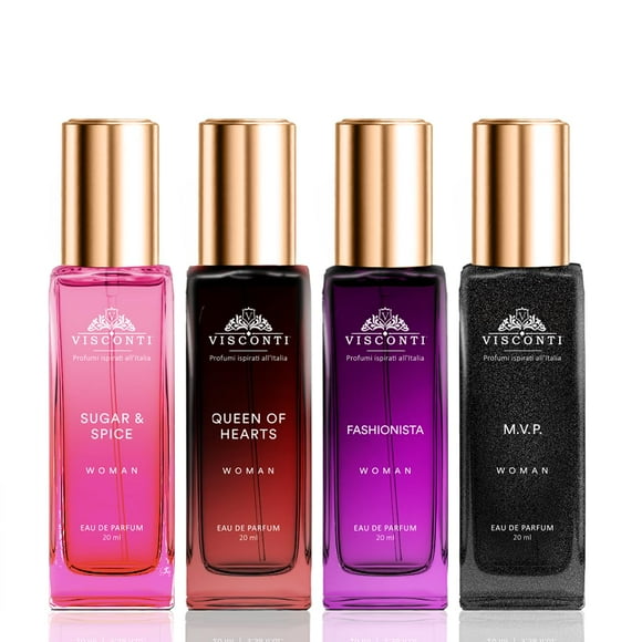 Visconti Ensemble-cadeau de Parfum Queen's, Lot de 4 X 20 ml - 0,67 Fl Oz Chacun / Queen Of Hearts+ M.V.P. + Sugar & Spice+ Fashionista Eau de Parfum pour Femmes / Ensemble de Parfums Longue Tenue et Anti-Taches pour Épouse