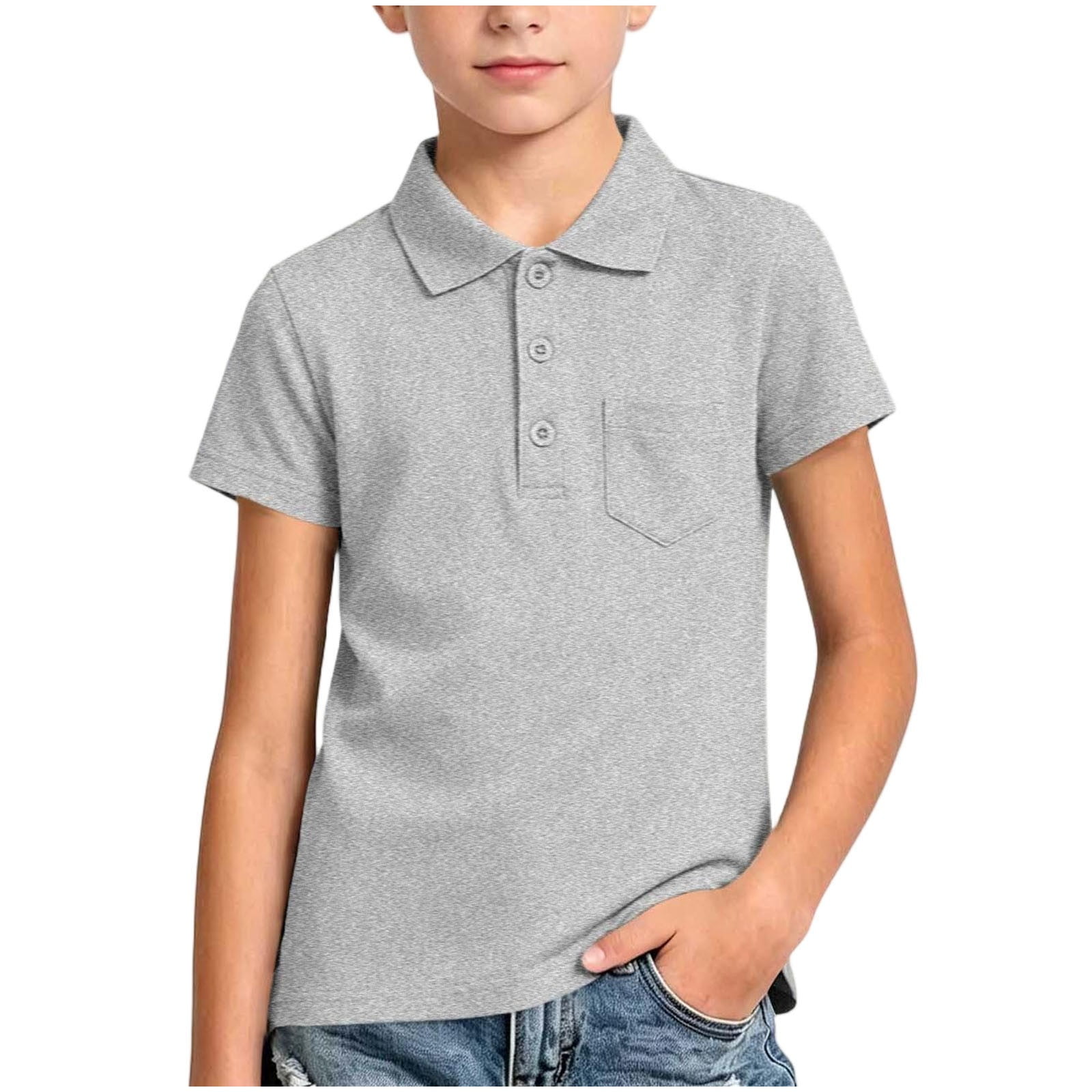 QSAWXQZ Boys Quarter Button Shirt Collared Short Sleeve Knit Cotton Shirt with Pockets 11-12 Years