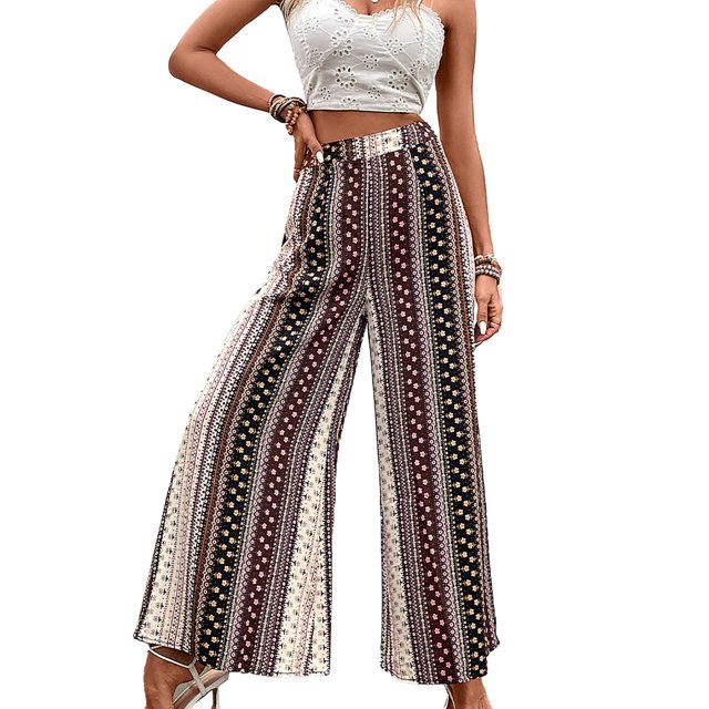 Pantalones de piernas anchas para mujer, pantalones largos informales, transpirables, con estilo, estampado hermoso, para uso diario, negro S