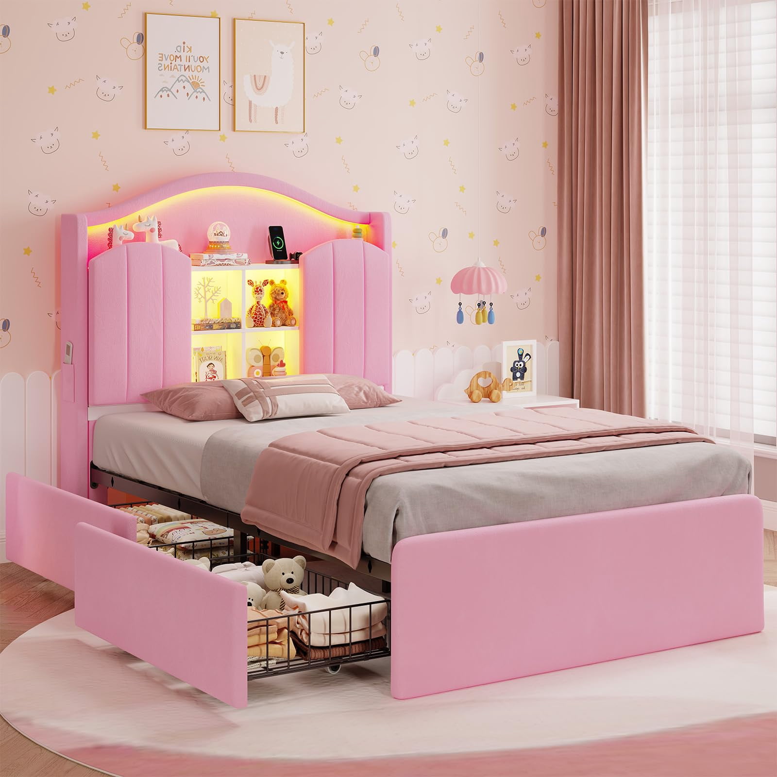 Twin Size Girls Bed Frame with 4 Drawers & Storage Headboard, LED Lights,Charging Station,Metal Slats, Velvet Upholstered Bed,No Box Spring Needed, Noise Free, Beige