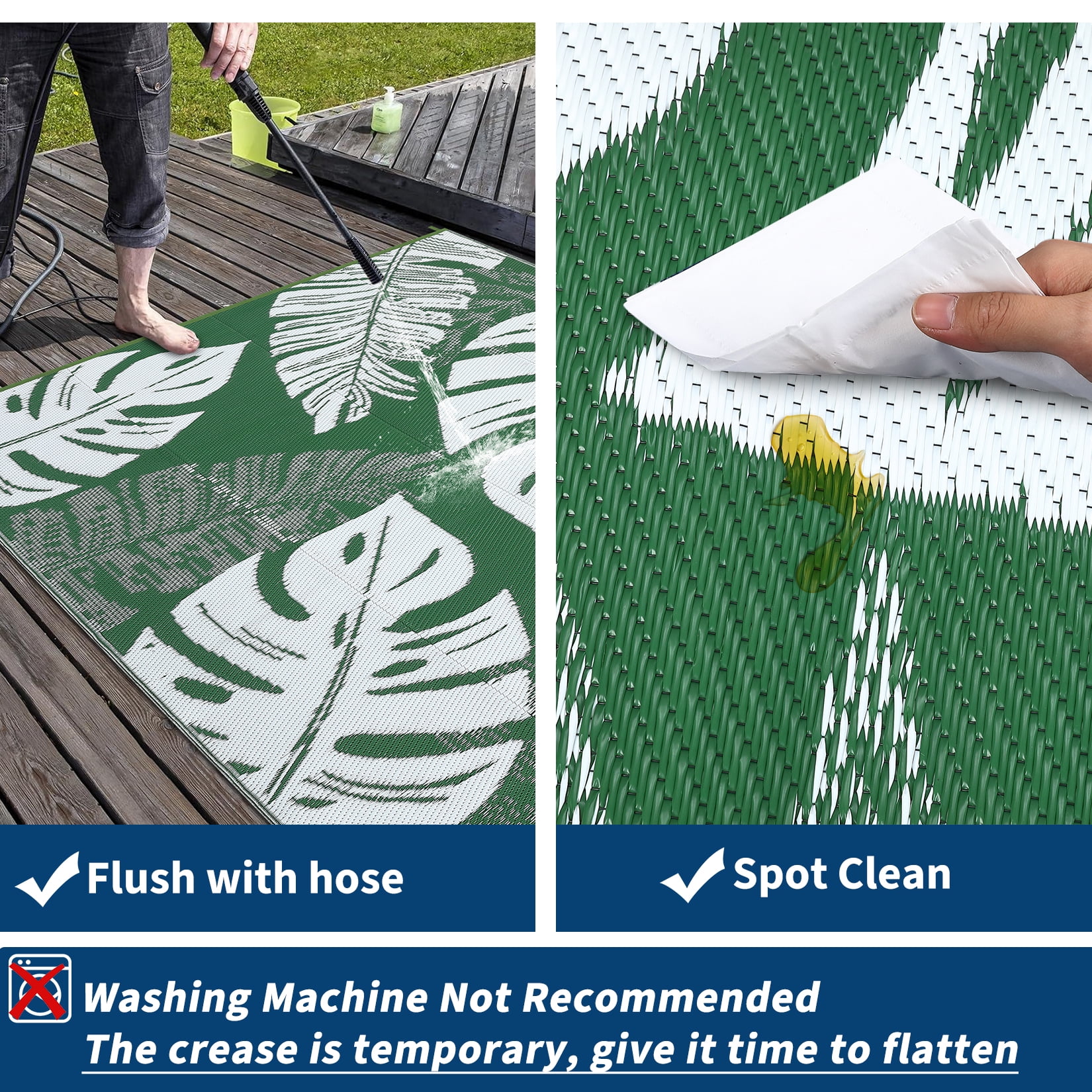 Hasoo 9' x 12' Green/White Outdoor Rug Plastic Straw Rug Bohemia Carpet Waterproof PP Tube Woven Portable Mat for Patio Decor, Balcony, Picnic