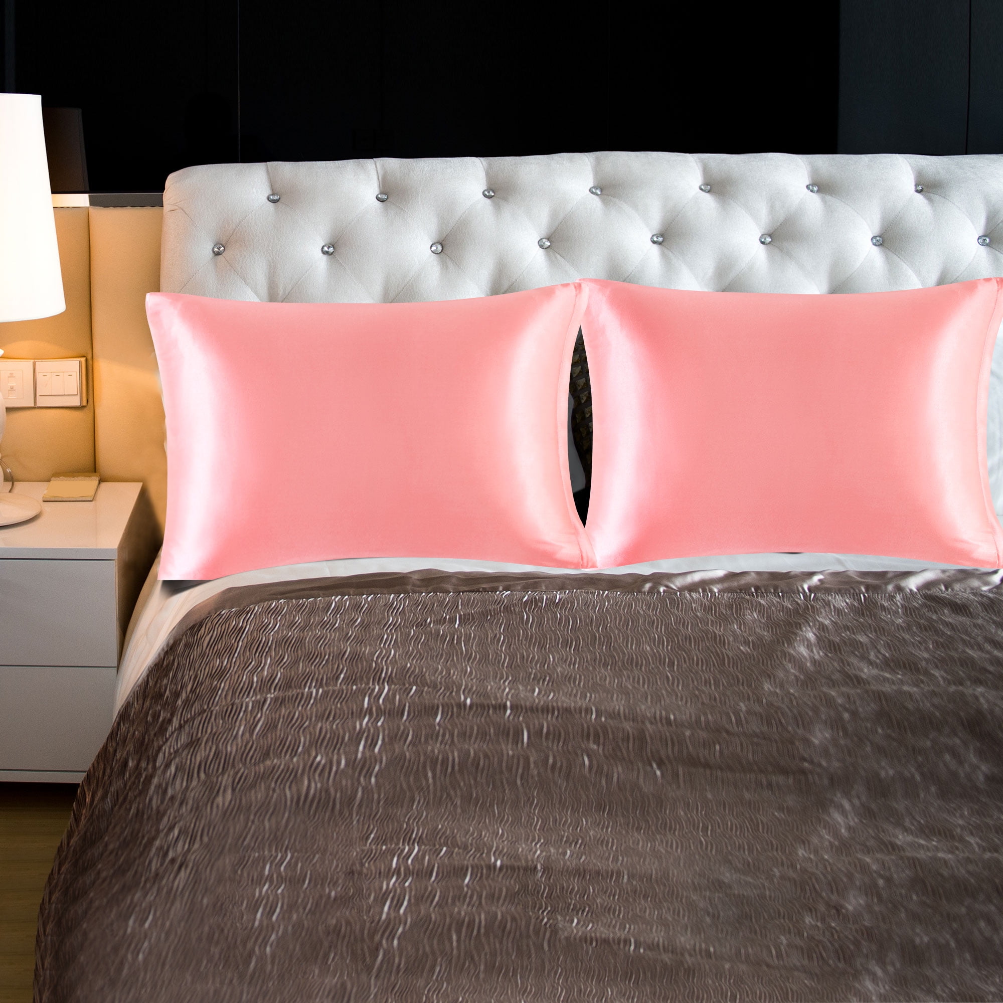 Unique Bargains Satin Set of 2 Zipper Closure Pillowcases Light Coral 20"x30"