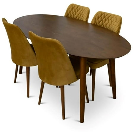Ruby Modern Solid Wood Walnut Dining Table and 4 Chair Set