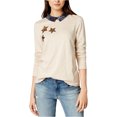 thumbnail image 1 of maison Jules Womens Collared Sequined Knit Blouse, Beige, Large, 1 of 2