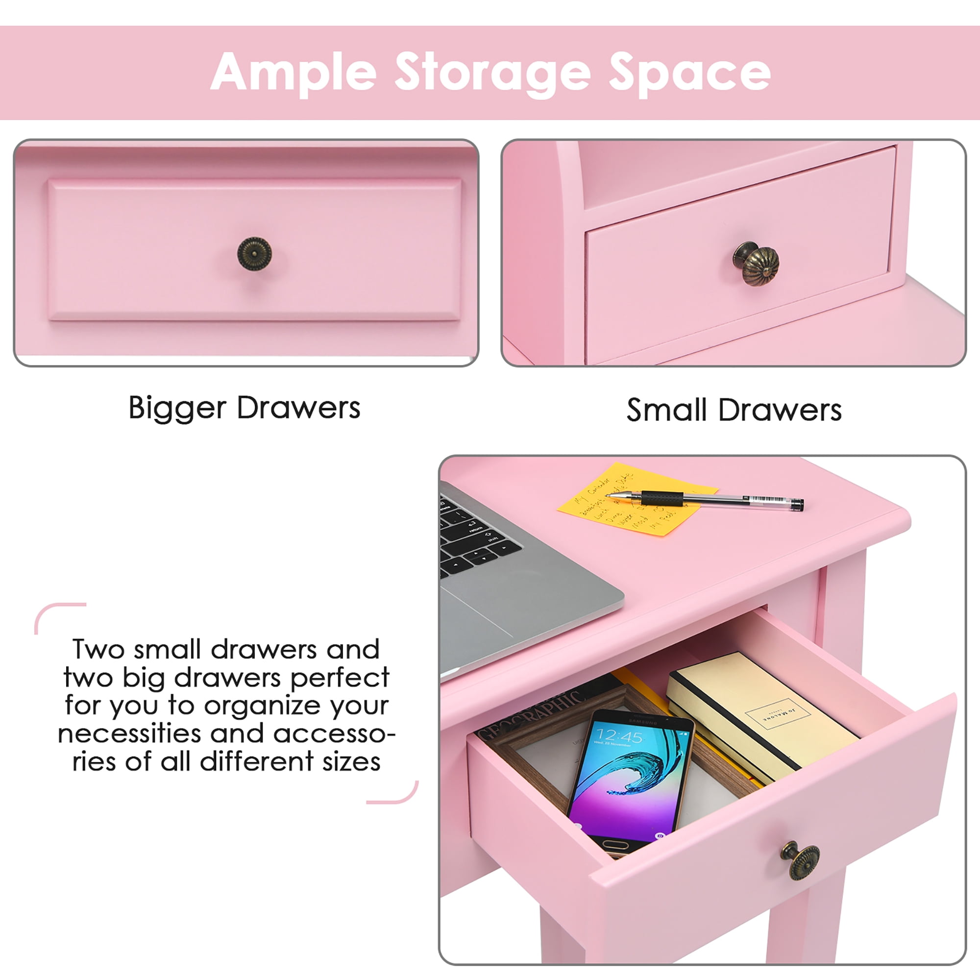 Costway Writing Desk Makeup Vanity Table Home Office Computer Desk 4 Drawer Pink